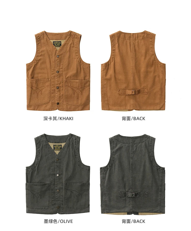 2024 Autumn New American Retro 12OZ Denim Cargo Vest Men's Simple 100% Cotton Washed Old Casual Multi-pocket Waistcoat Jacket