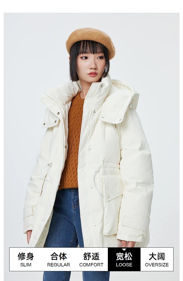 Women's Winter Warm Oversized Long Hooded Down Jacket, Adjustable Pig Nose, Buckle Waist Belt Utility Duck Down Parka For Ladies