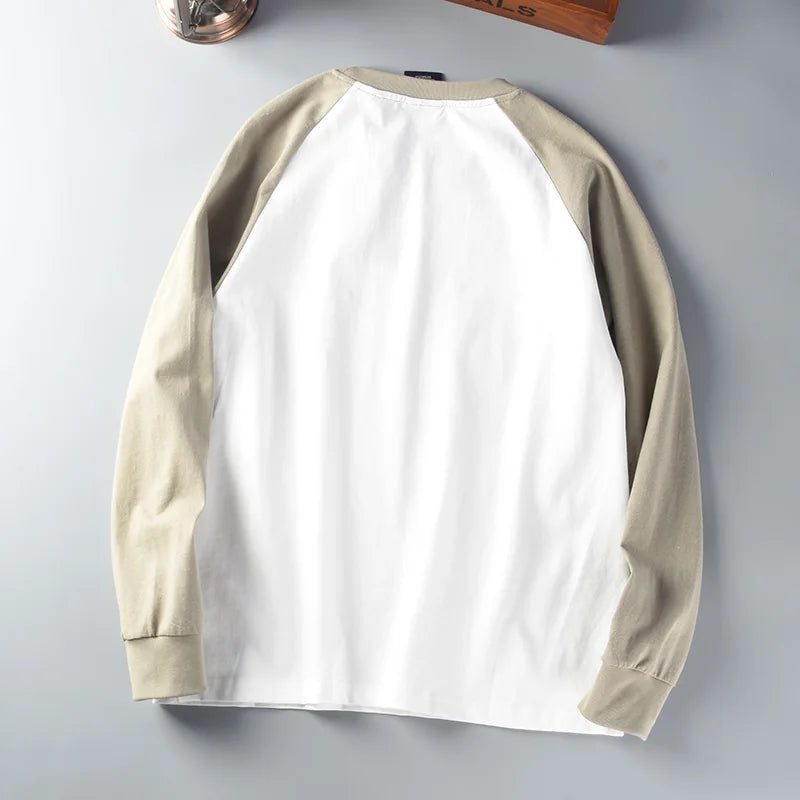 Autumn New American Retro Long Sleeve O-neck Contrast Splicing T-shirt Men's Fashion 100% Cotton Washed Old Casual Sport Tops