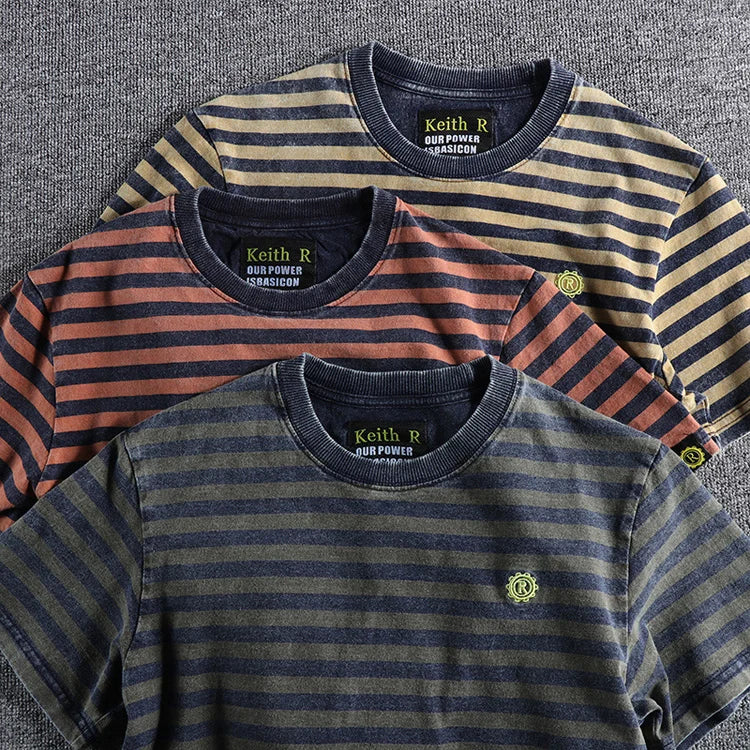Summer New Japanese Retro Short Sleeve Striped T-shirt Men's Fashion 100% Cotton Slim Simple Round Neck Washed Old Casual Tops