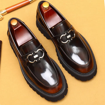 Cow Leather British Loafers Men Glossy Leather Business Casual Heightening Shoes - Non-Slip Tire Soles Dress and Round Toe Shoes