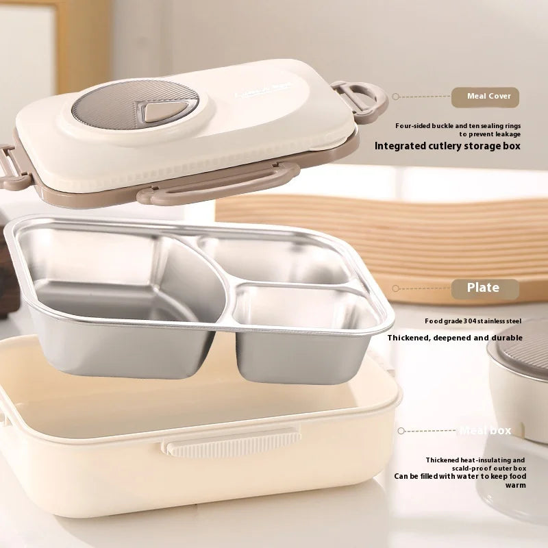 304 Stainless Steel Microwave Safe Partitioned Bento Box - Large Capacity Lunch Container for Students & Office Workers