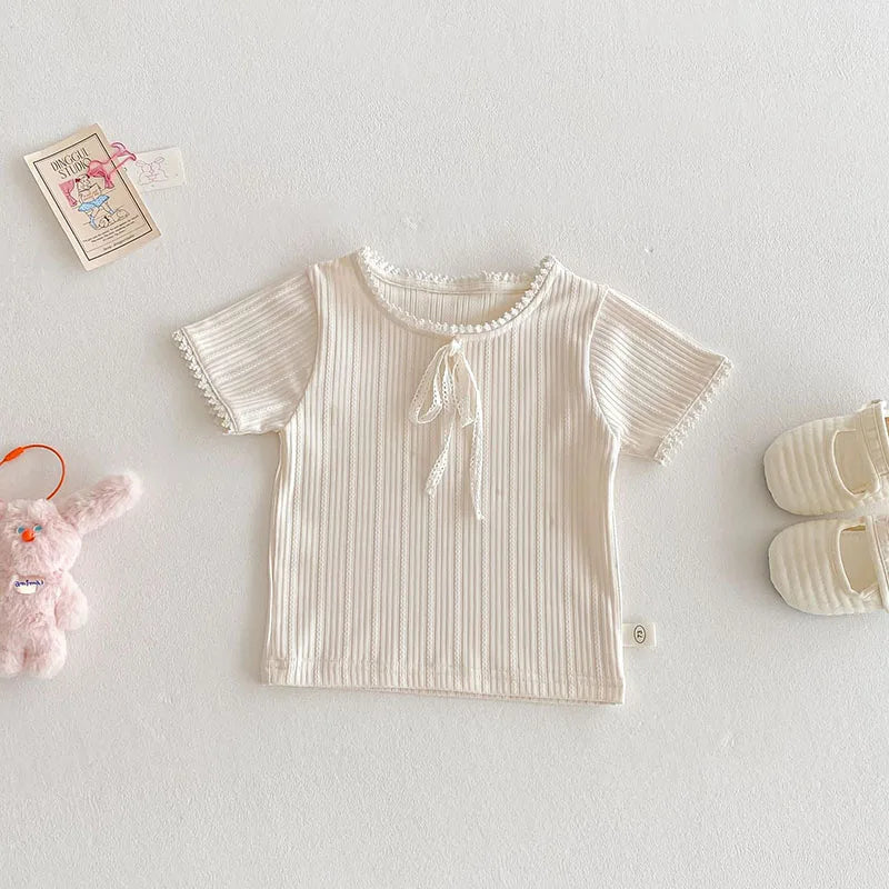 New Summer Kids T-shirt Boys Cute Hollow Out Floral Tops Children Thin Style Pit Strip Lace Girls Tee 1-5T Unisex