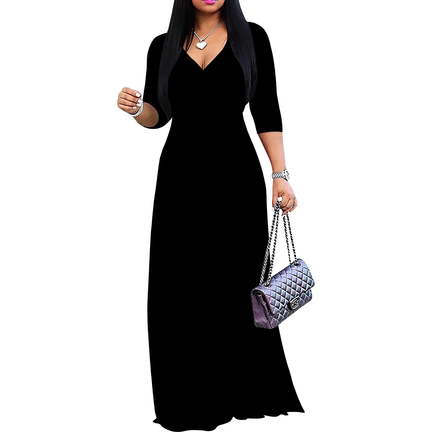 Solid Color Bohemian Summer Long Maxi Dress V-Neck 3/4 Sleeve
