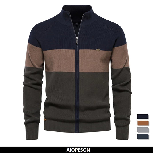 Men's Autumn and Winter Patchwork Colour Sweater For Men Zipper Cardigans High Quality Male Cotton Sweater