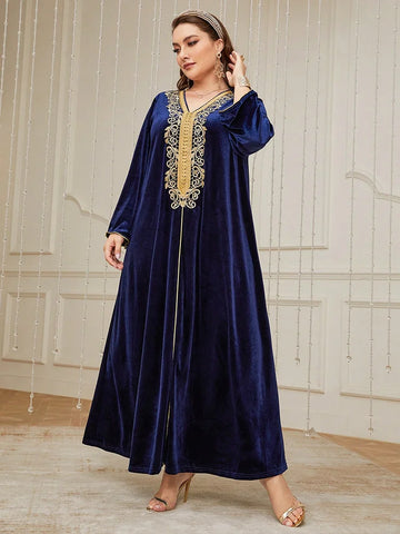 Women's Plus Size Contrast Lace Tape Velvet Dress New Autumn Winter Luxury Elegant Abaya Arabian Muslim Maxi Dresses