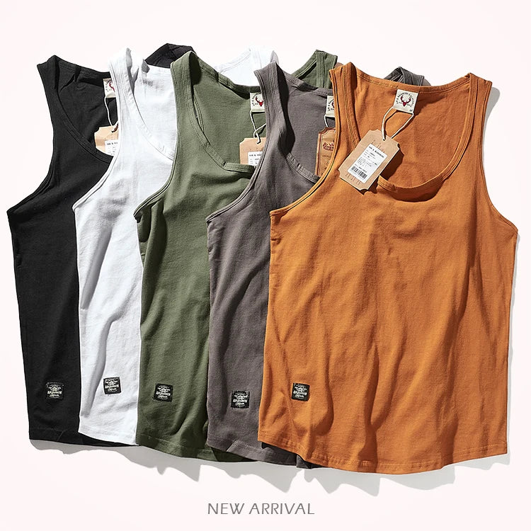 2023 Summer New American Retro Sleeveless O-neck Solid T-shirt Men's Fashion 100% Cotton Washed Old Casual Sports Vest Tops