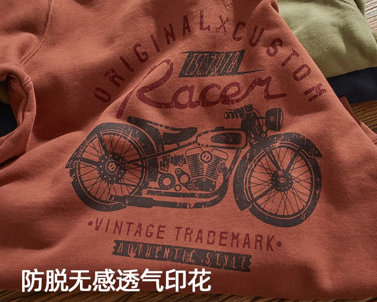 Herfst Nieuwe Amerikaanse Retro 450g Dikke Fluwelen Motorfiets Bedrukte Sweatshirts Heren Eenvoudige Gewassen Jeugd Casual Pullover Sportkleding