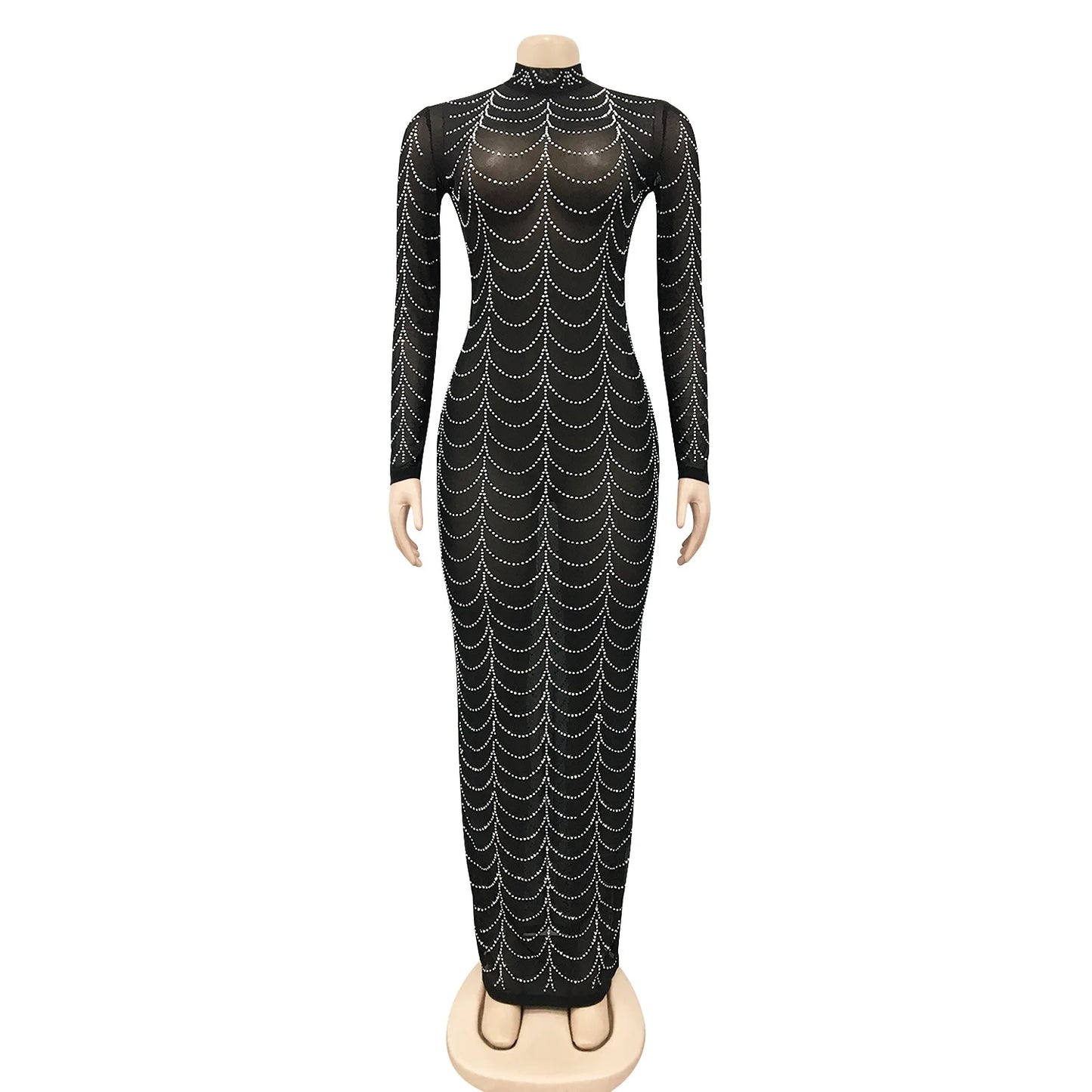 Sexy Rhinestone Sheer Mesh Long Sleeve  Party Dress