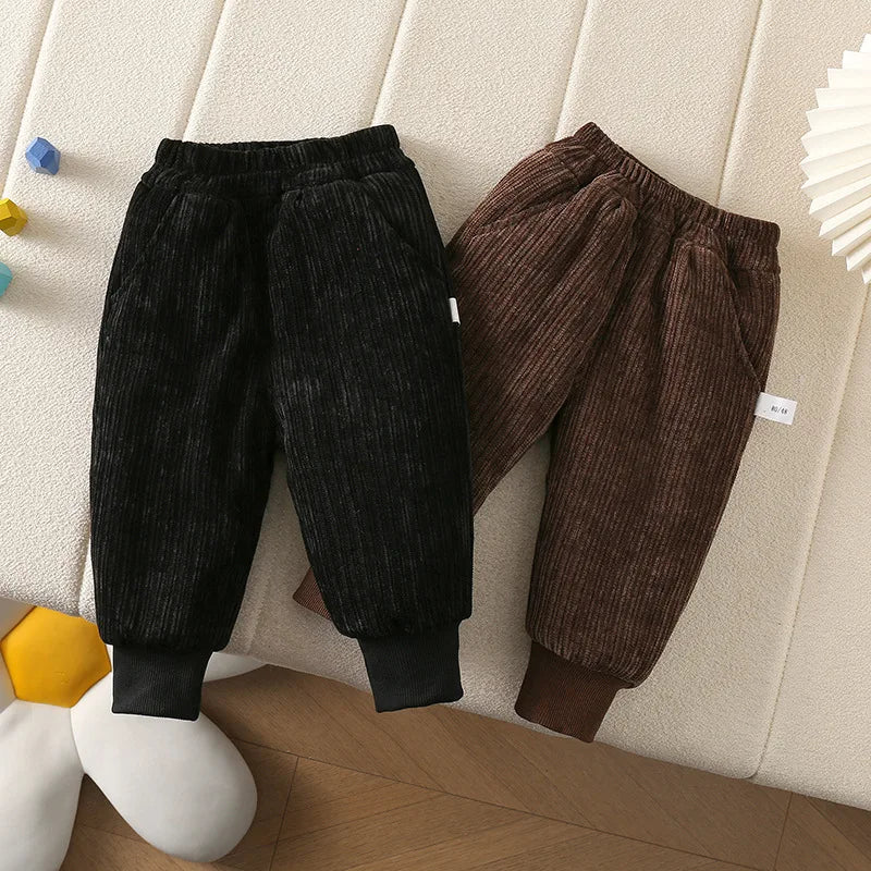 New Winter Kids Pants Children Solid Colour Pit Strip Trousers Boys Girls Fleece Padded Casual Pants 4-6Y Unisex