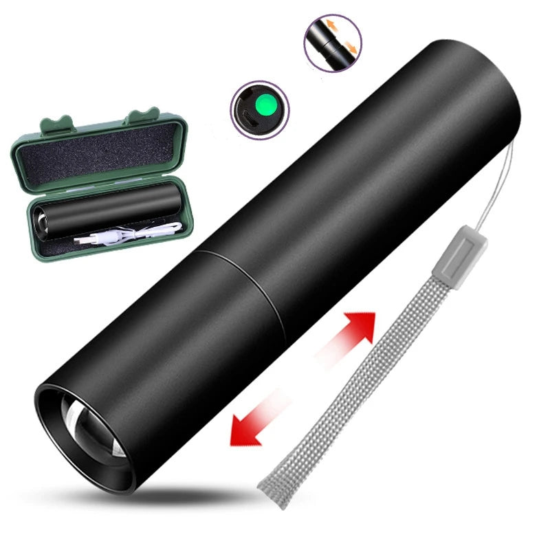 Mini Rechargable LED Flashlight Three Light Mode Waterproof Telescopic Powerful Flash Lights Outdoor Zoom Portable Torch