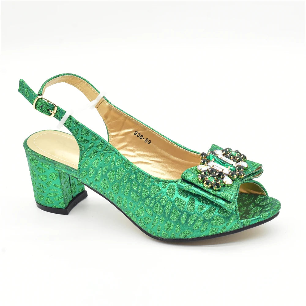 Green Colour Shoe and Bag Set for Party in Woman Italian Crystal Butterfly-knot Women Pumps Nigerian Lady Shoes and Bag