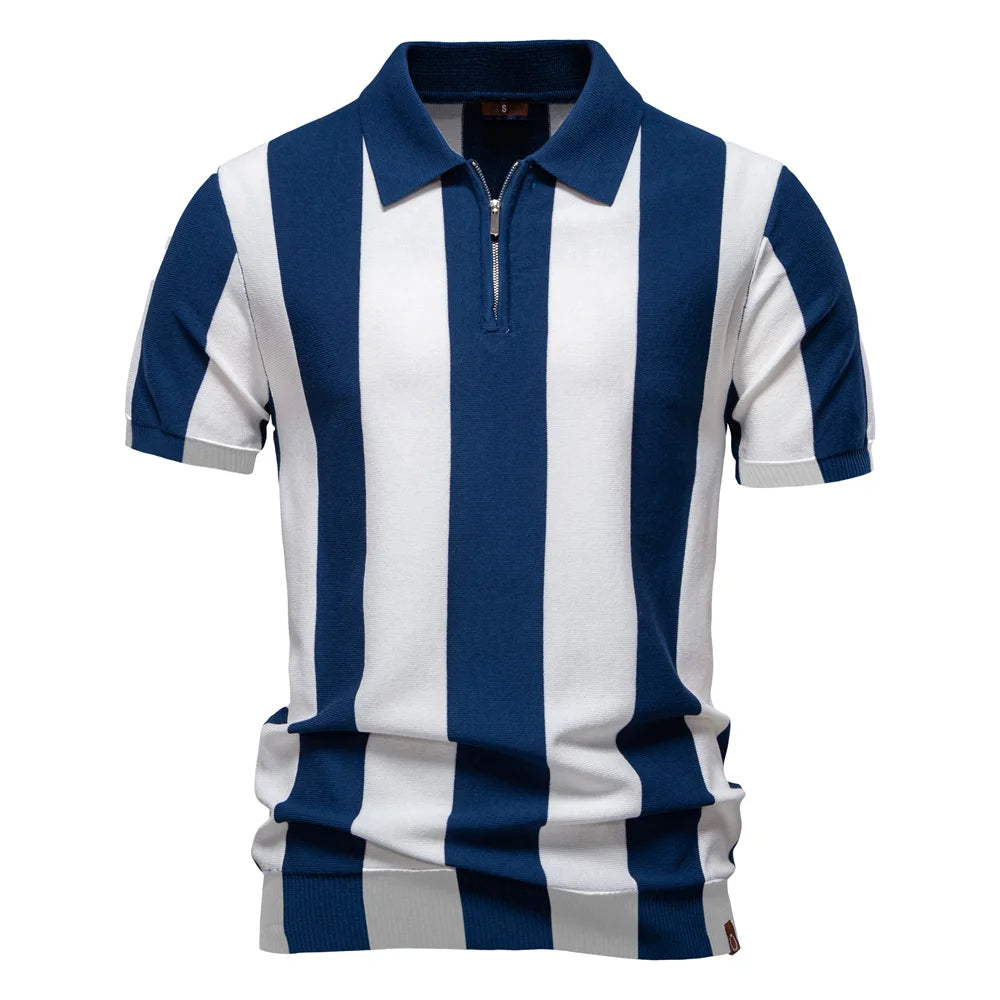 Men's Summer Breathable And Striped Contrast Panel Polo Shirt - Casual Short-Sleeve Knit Shirt With Comfort Fit