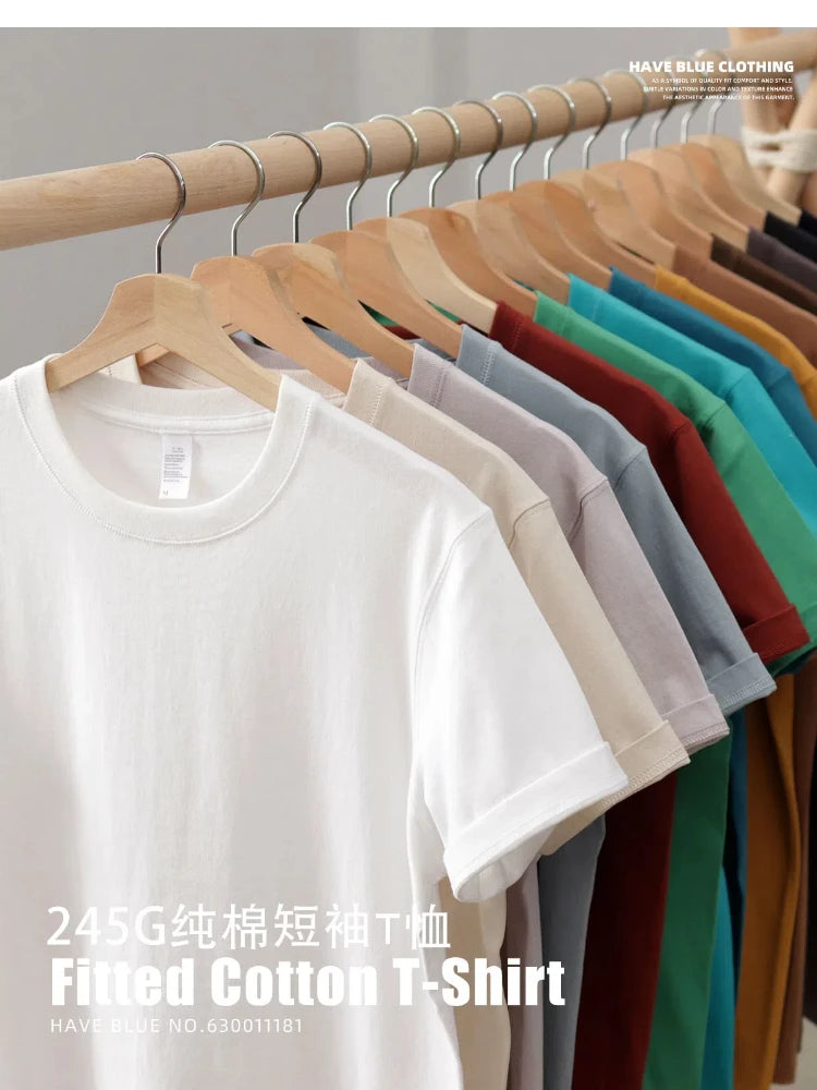 2025 Zomer Nieuwe Amerikaanse Retro 245G Korte Mouw O-hals Effen Kleur T-shirt Herenmode Eenvoudige 100% Katoen Gewassen Casual Tops