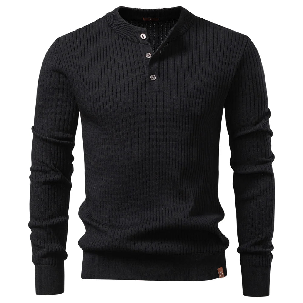 Men's Long Sleeve T-Shirt Fashion Knitted Slim Fit Polo Sweater Ribbed Henley Collar T-Shirt For Men