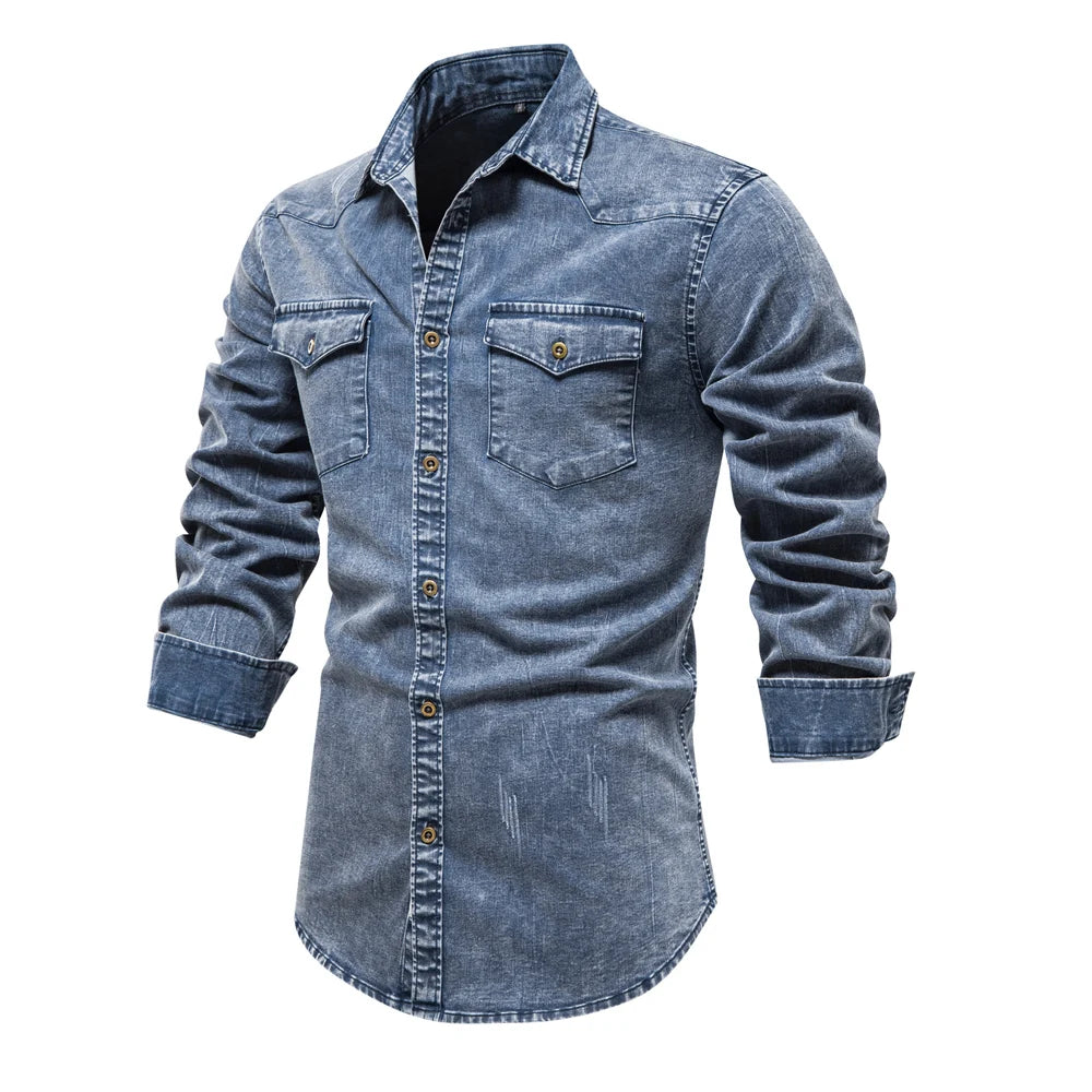 Men's Cotton Denim Shirts Double Pocket Solid Colour Casual Male Cowboy Shirts New Autumn Slim Quality Shirts for Men