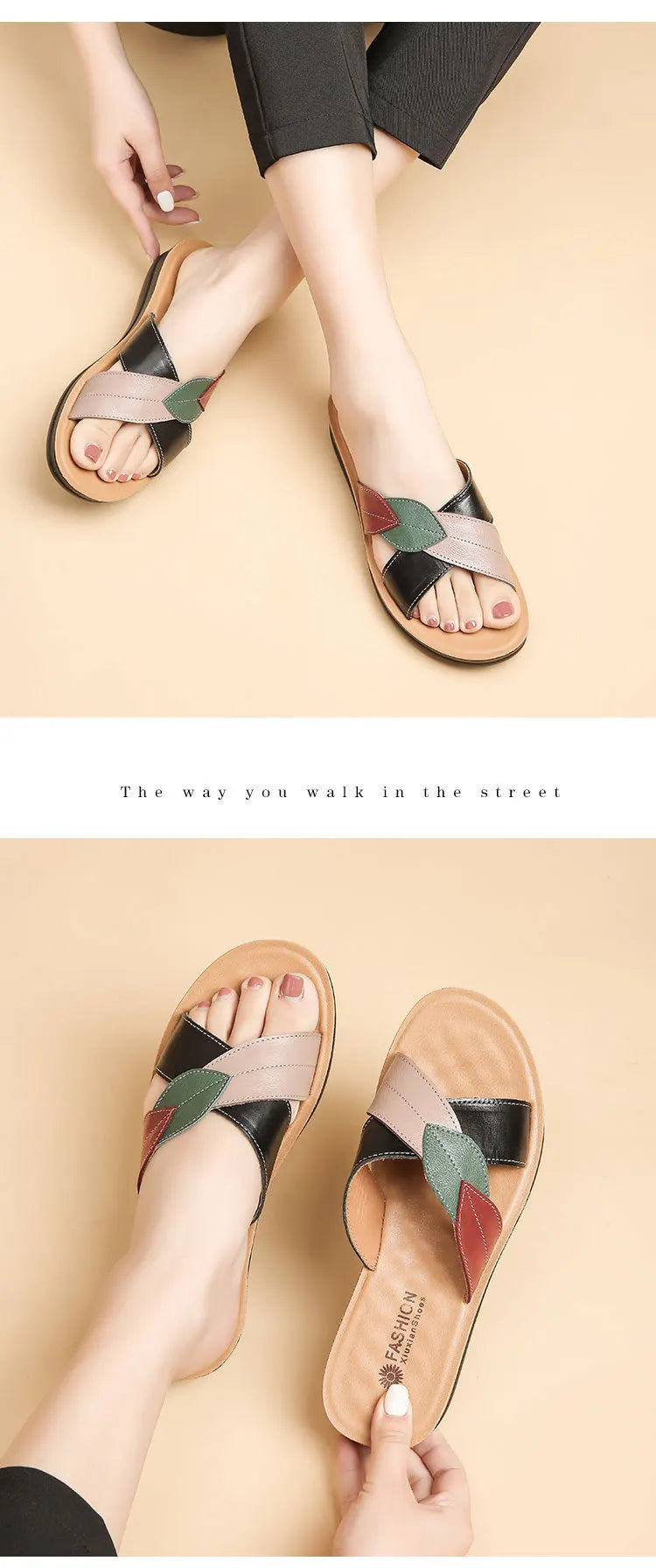 Women Female Ladies Mother Genuine Leather Shoes Sandals Platform Slipper Summer Cool Beach Soft Slip On Outside