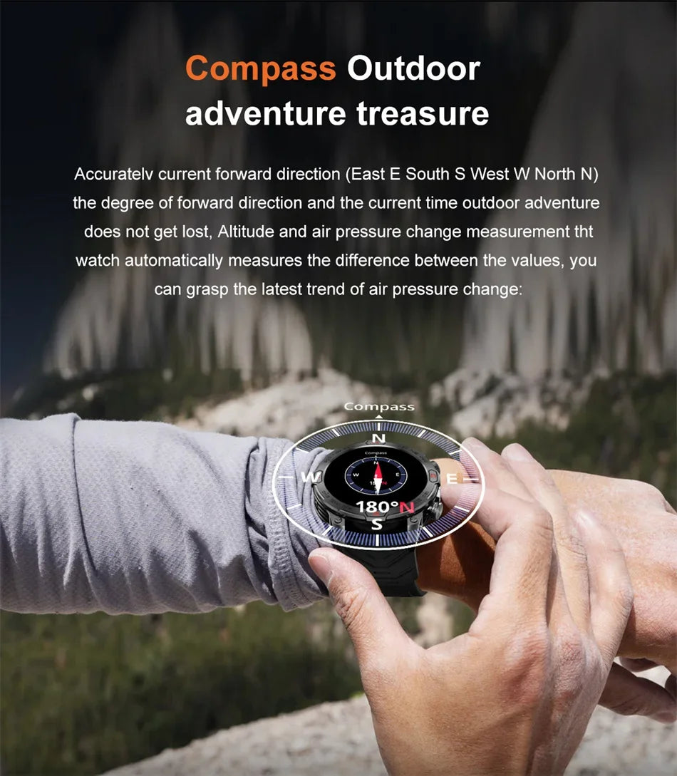 Outdoor Military Smart Watch Men Compass GPS Track Bluetooth Call IP68 Waterproof AMOLED Screen Smartwatch Compatible with Android IOS