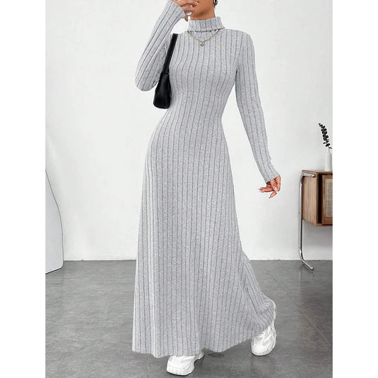 Women's Dresses Autumn Winter Decent Simple Solid Colour Long Sleeve High-Neck Maxi Wrap Casual Dresses