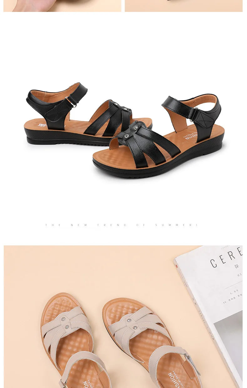 Women's Female Ladies Mother Genuine Leather Sandals Platform Shoes Non Slip Summer Cool Beach Hook Loop Plus Size 42 43