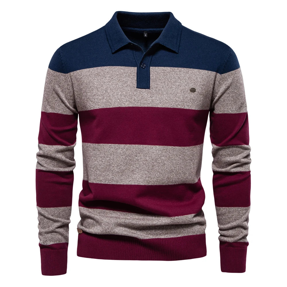 Herren-Pullover mit Streifen aus Baumwolle und Polokragen zum Knöpfen, lässiger Business-Pullover für Herren