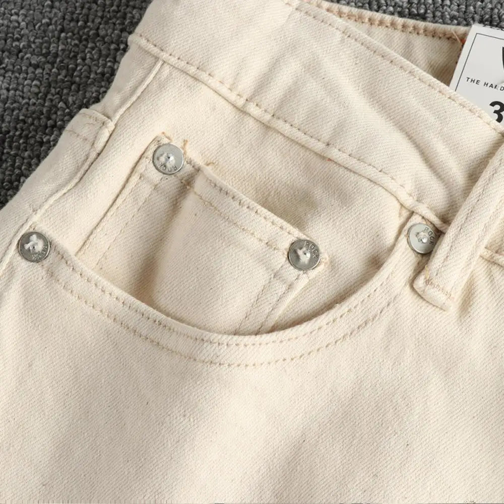 2025 Lente Herfst Nieuwe Amerikaanse Retro Beige Witte Denim Cargo Jeans Heren Eenvoudige 98% Katoen Gewassen Amekaji Casual Rechte Broek