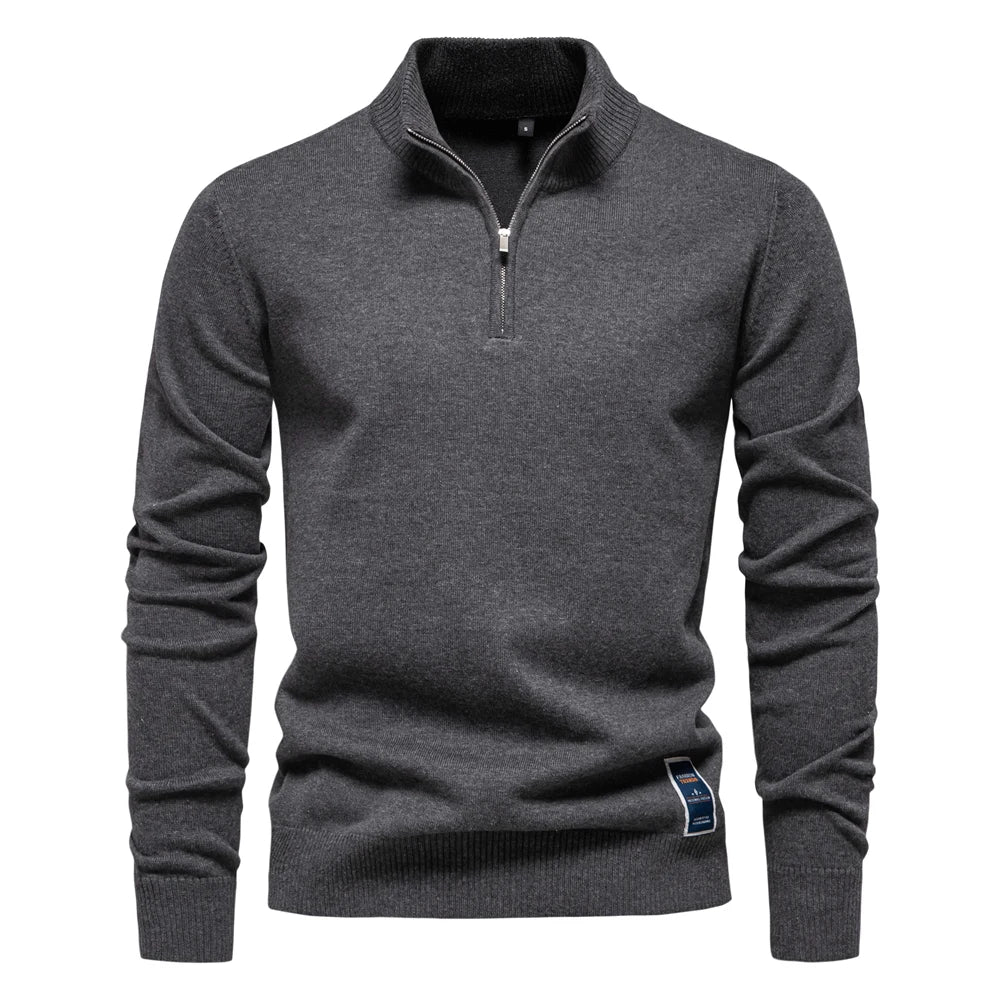 Men's Quarter Zip Cotton Pullover Sweaters Solid Colour Casual Social Knitted Mock Neck Polo Sweaters for Men