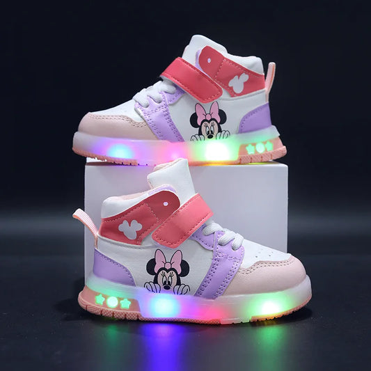 Disney Girls' Casual Sneakers PU Leather Mickey Mouse LED Light-Up Children's Sneakers - 1-6 Years Old Sports Casual Footwears