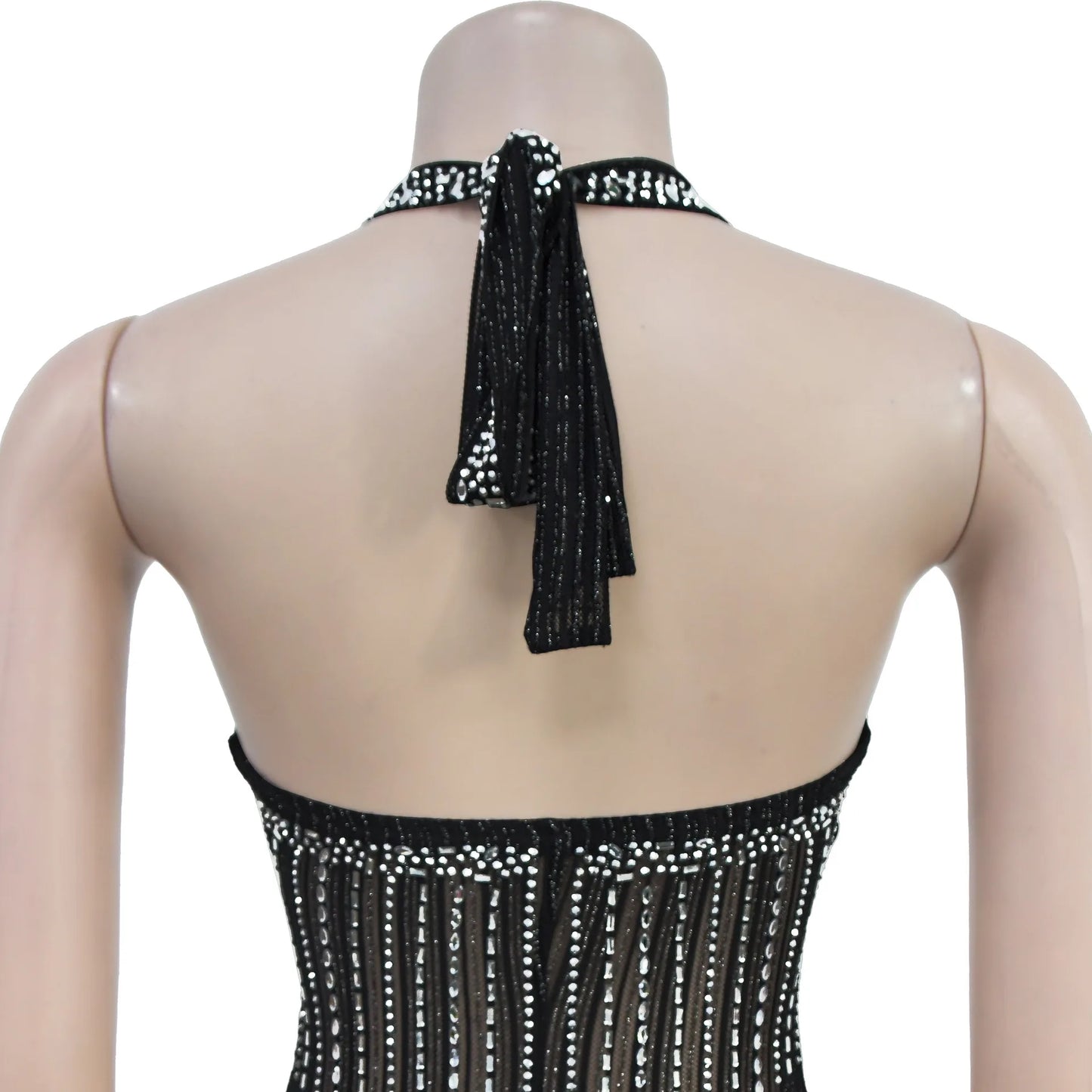 Women's Sexy Halter Sleeveless Backless Embroidered Flares Rhinestone Decor Floor-length Party Dress