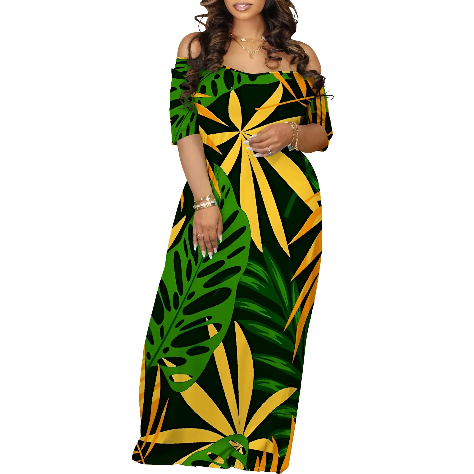 Summer Off Shoulder Maxi Dress Green Yellow Bold Leaf Print Women Holiday Beach Dress