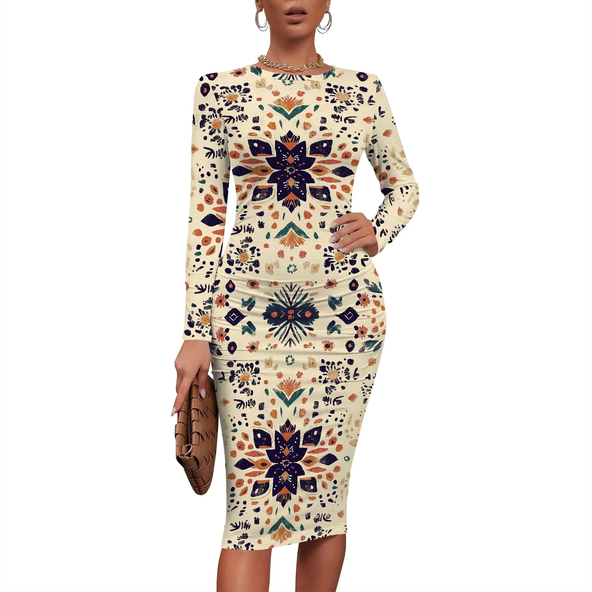 Women's 2025 Summer Dress Ruched Long Sleeve Crew Neck Midi Dress Elegant Bodycon Basic Casual Dresses