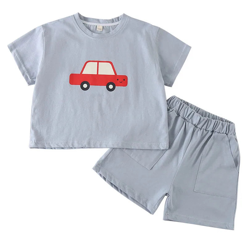 New Summer Kids Clothes Suit Children Cute Cartoon Car T-shirt + Shorts Boys Thin Style 2PCS Outfit 1-4Y Unisex