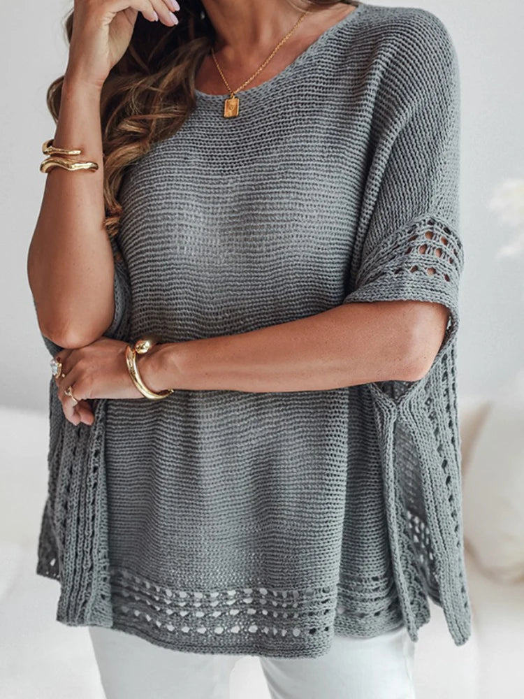 Solid Batwing Sleeve Hollow-out Top Pullovers Casual Cover Up