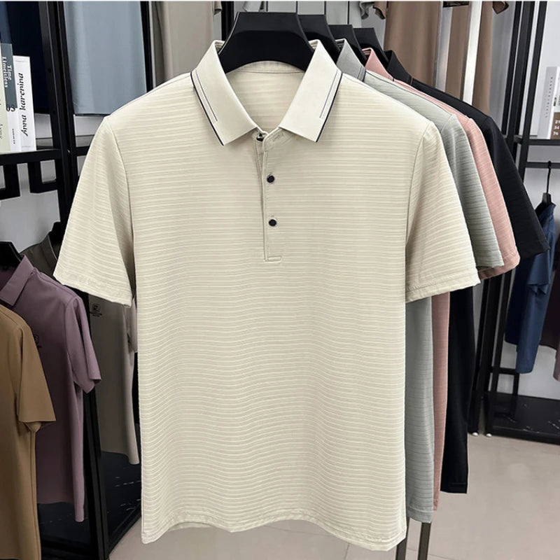 Men's Short-Sleeved T-Shirt, Subtle Striped Texture, Classic Collar Design With Button Details - Soft and Breathable Fabric Polo