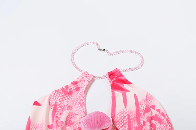Fashion Patchwork 2 Piece Set Women Pearls Necklace Halter Applique Crop Tops + Skinny Skirts Vacation Beach Style Suit