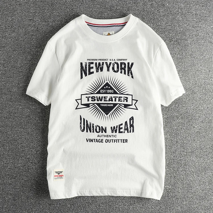 2025 Summer New American Retro Short Sleeve O-neck Letter Printed T-shirt Men's Fashion 100% Cotton Washed Casual Youth Tops