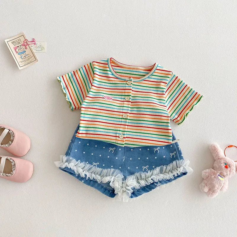 New Summer Girls Colourful Striped Cardigan Kids Short-Sleeved Knitted Sweater Children Cute Lace Bow Jeans 0-5Y Girls