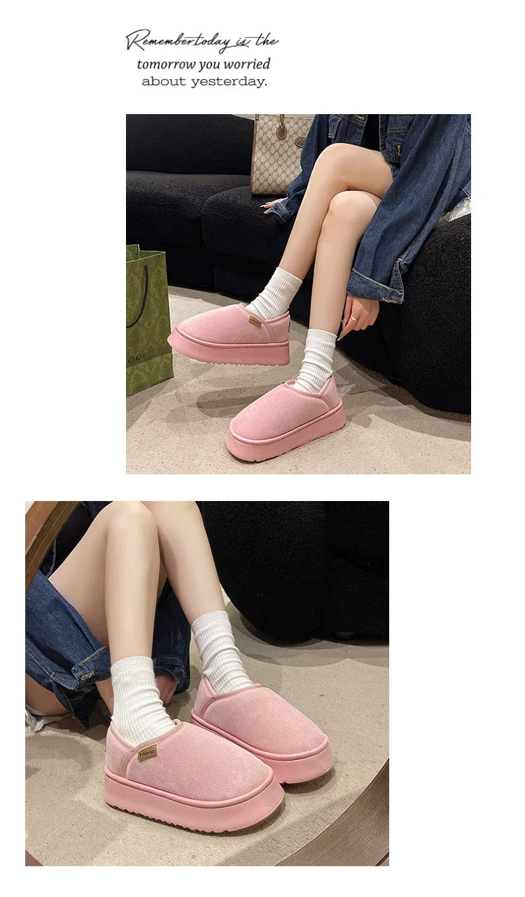 Women's Winter Warm Fuzzy Lining Cotton Shoes Fur Fluffy Slippers For Indoor and Outdoor Use With Anti-Skid Plush Thick Sole Cotton Shoes