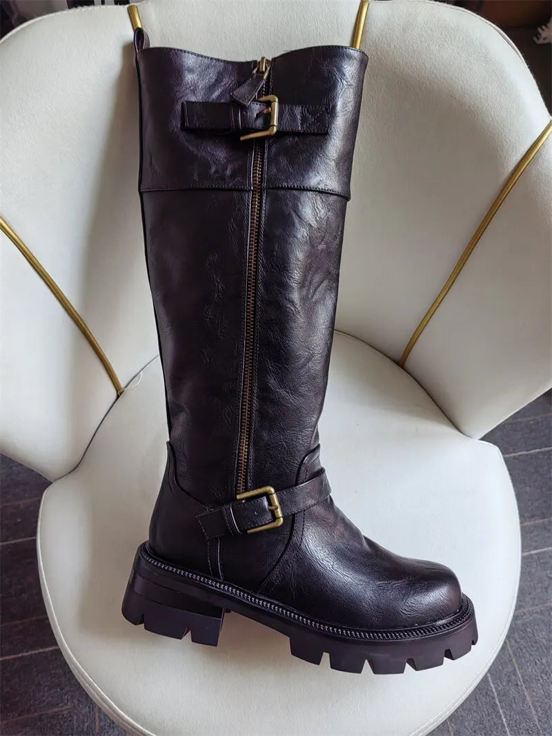Women Buckle Gothic Black Knee High Boots Heeled Metal Side Zipper Fashion Matte  Modern Winnter Boots