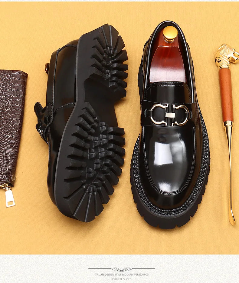 Cow Leather British Loafers Men Glossy Leather Business Casual Heightening Shoes - Non-Slip Tire Soles Dress and Round Toe Shoes
