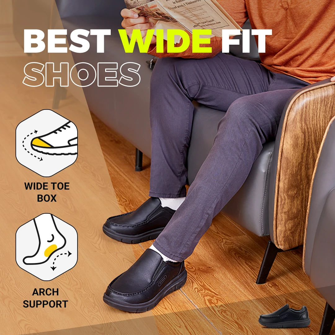 Men's Shoes Wide Width Leather Slip-On Casual Shoes Lightweight For Swollen Feet with Arch Support Pain Relief