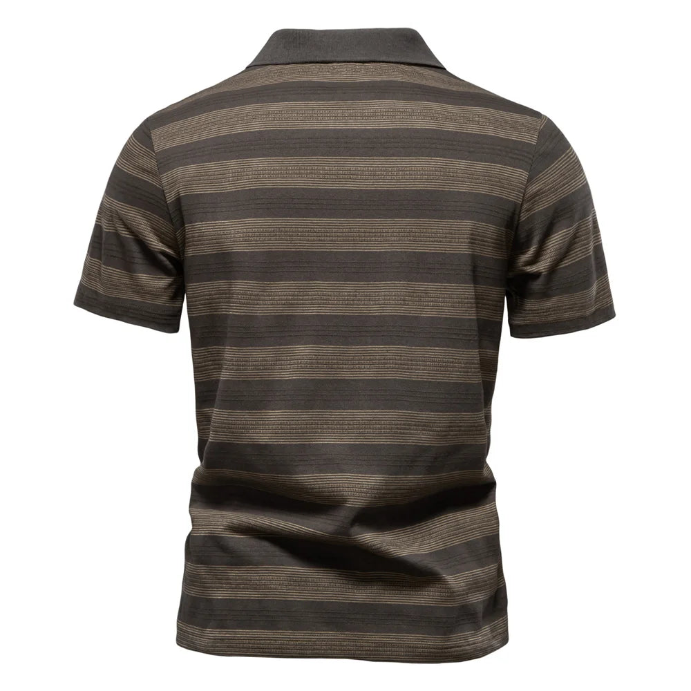 2025 New Summer Striped V Neck Cotton Polo Shirts for Men Breathable Short Sleeve Casual Knit Shirts Comfort Fit