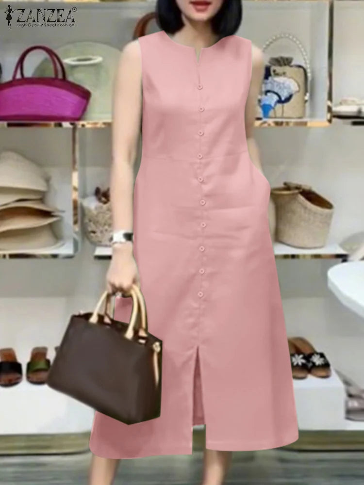 2025 Women Summer Sundress Elegant Work OL Midi Dresses V Neck Sleeveless Solid Dress Fashion Buttons Down Robe Plus Size