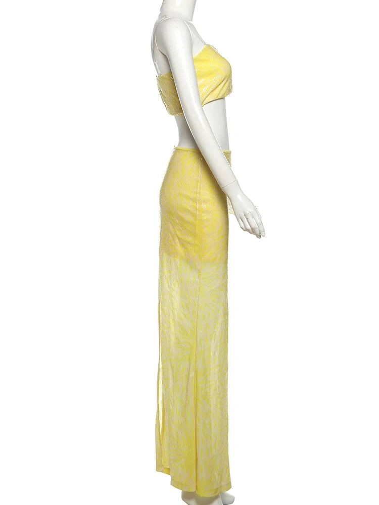 Sequins 2-Piece Set Women Glitter Tube Tops + Long Skirts Skinny Summer Trend Beach Party Matching Vacation Sexy Suit