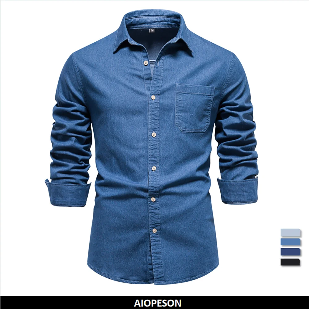 Men's Autumn Cotton Denim Shirt Solid Colour Single Pocket Casual Long Sleeve Jeans Shirt for Men