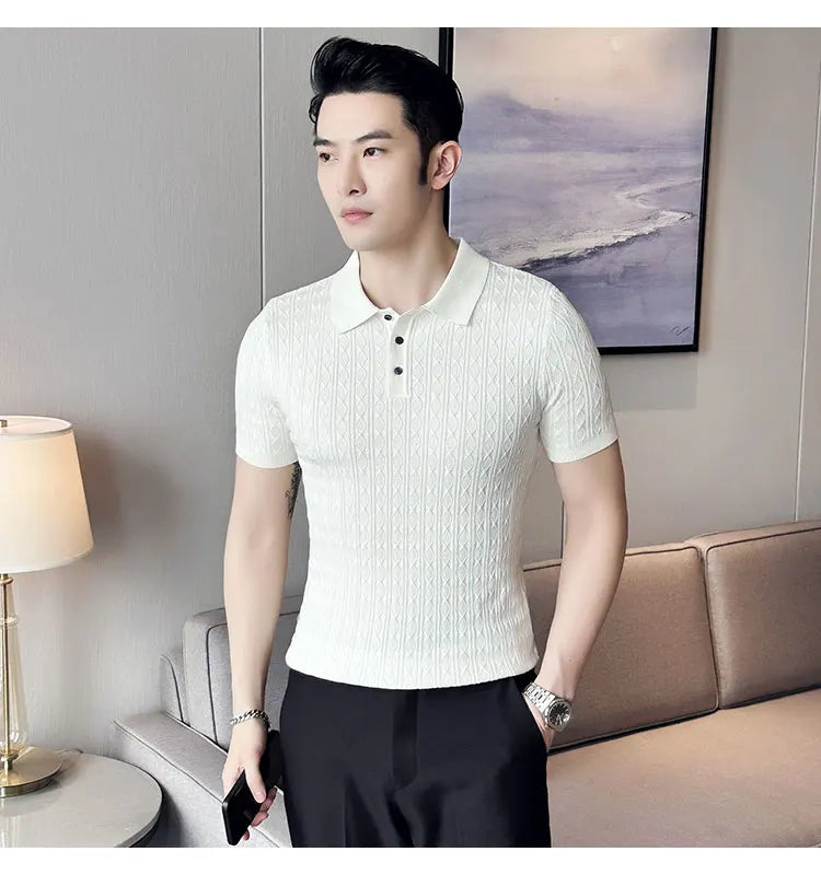 Men's Slim-Fit Jacquard Knitted Short-Sleeved Polo Shirt for Male Fashion Lapel Golf Shirt