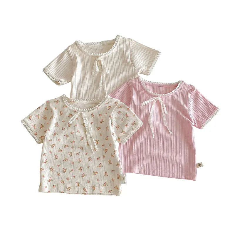 New Summer Kids T-shirt Boys Cute Hollow Out Floral Tops Children Thin Style Pit Strip Lace Girls Tee 1-5T Unisex