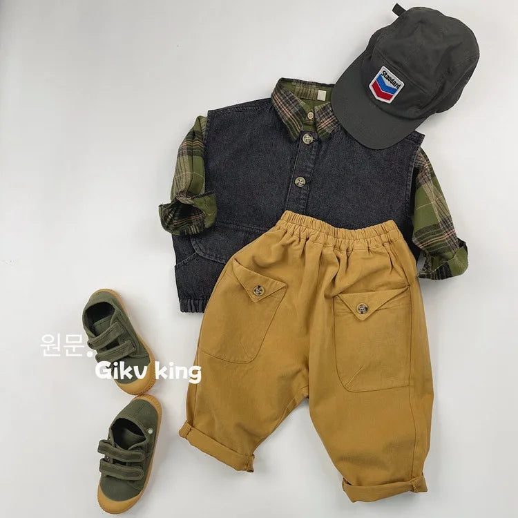 2025 Herfst Nieuwe Kinderen Losse Broeken Baby Meisjes Effen Vintage Casual Broek Peuter Jongens Veelzijdige Cargo Broek Kinderkleding 4-6Y Unisex