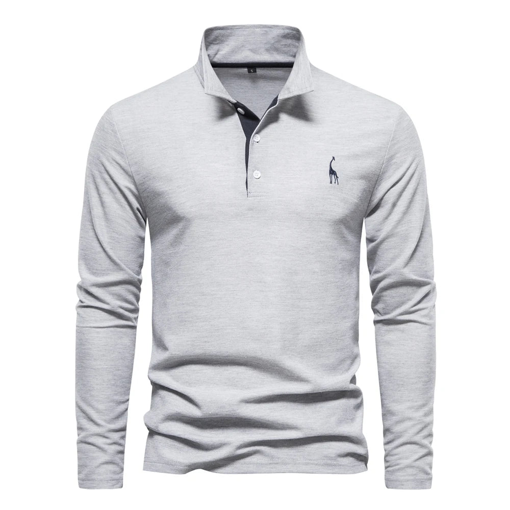 New Men's Deer Embroidery Polo Shirts Solid Colour Long Sleeve Social Business Male