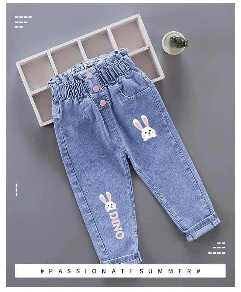 New Spring Kids Jeans Girls Boys Cute Embroidery Cherry Flower Denim Blue Pants Children Outwear Trousers 4-6Y Unisex
